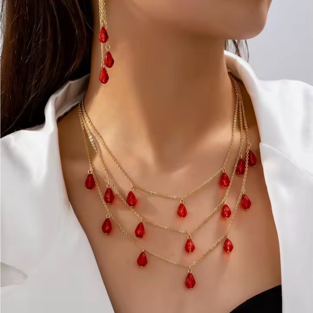 NEW Elegant Red and Gold Teardrop Jewelry Set